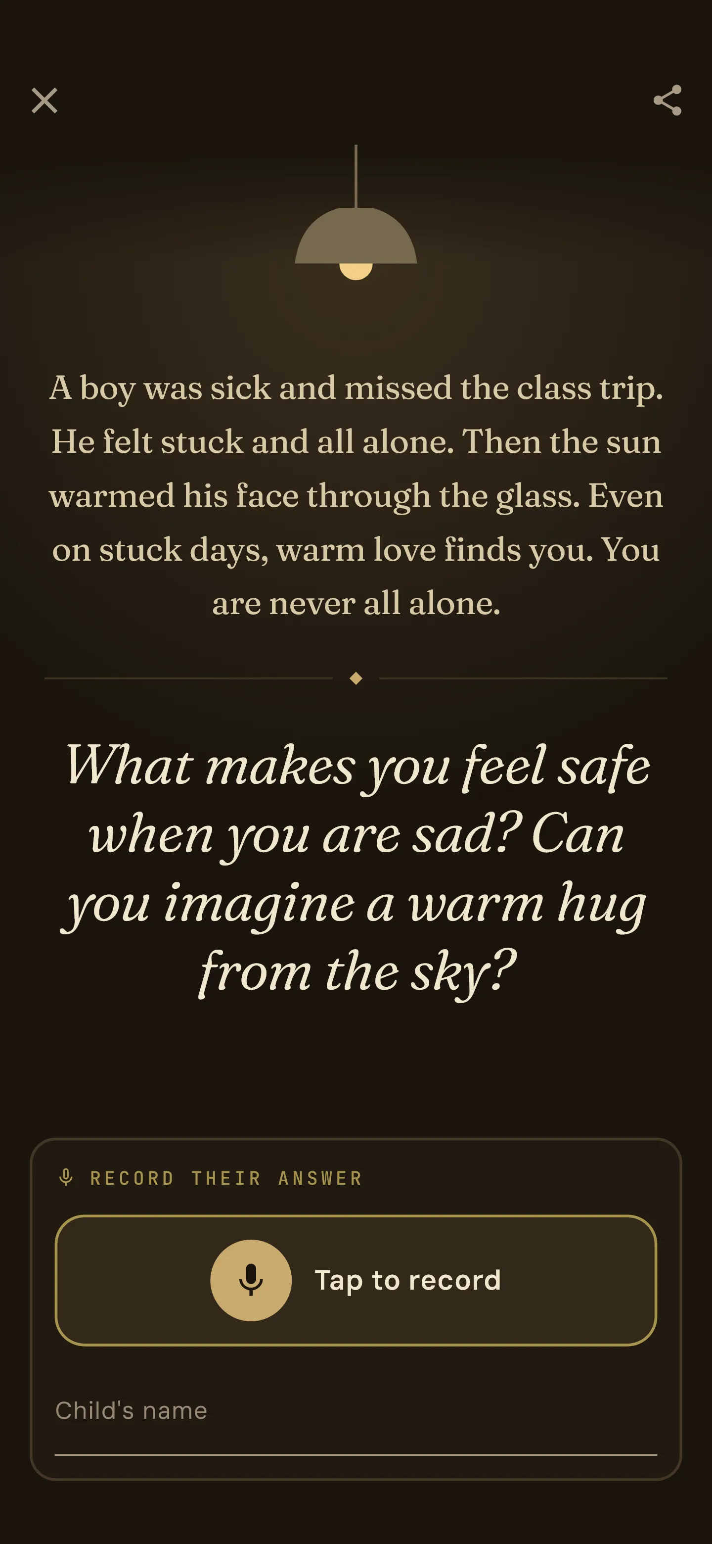 Tovana's moment screen: a lamp, a short story in kid words and a question